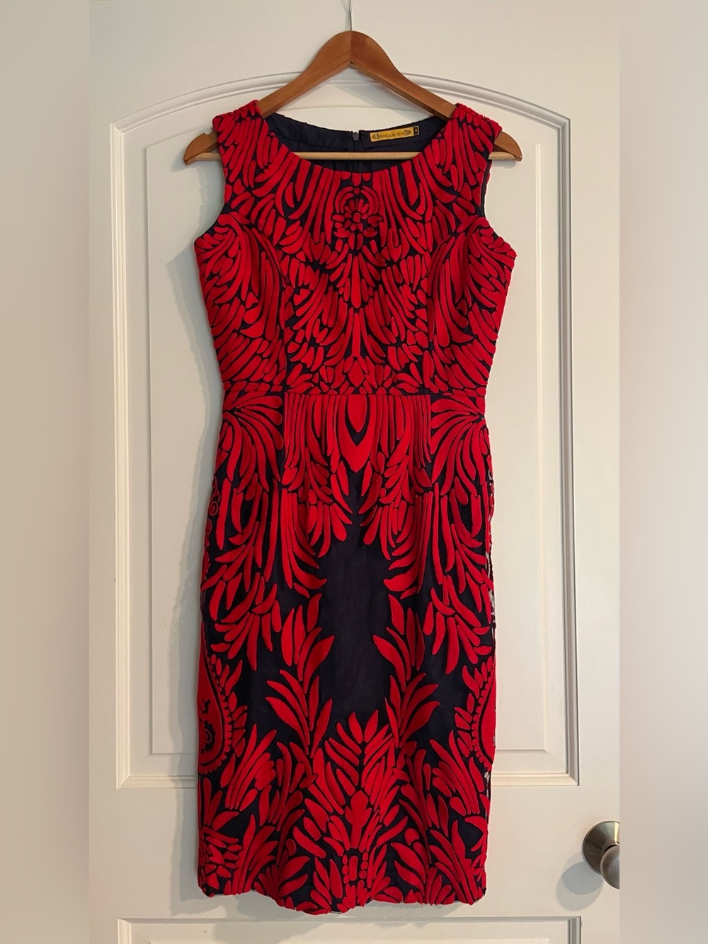 Pankaj & Nidhi Red Navy Floral Embroidered Velvet Scoop Neck Dress 4